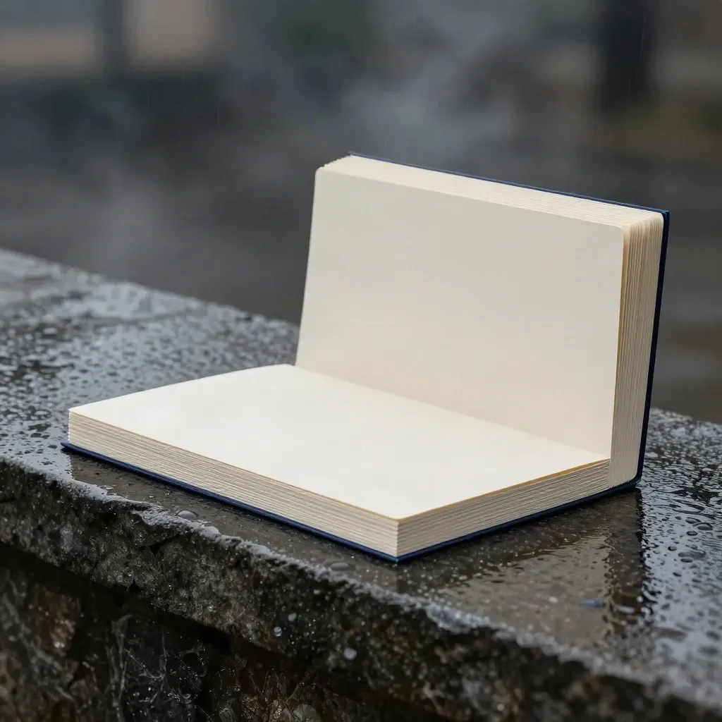 Cream campaign pack on wet stone with rain beads, navy accents and folded inserts