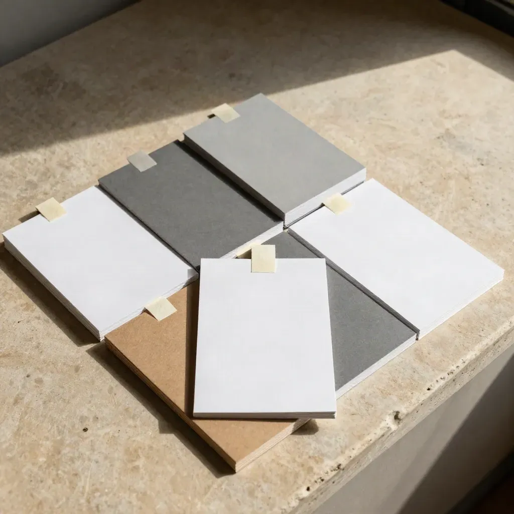 Overhead shopfront welcome pack with blank sign panels, counter cards and folded sleeve cards tied with tape
