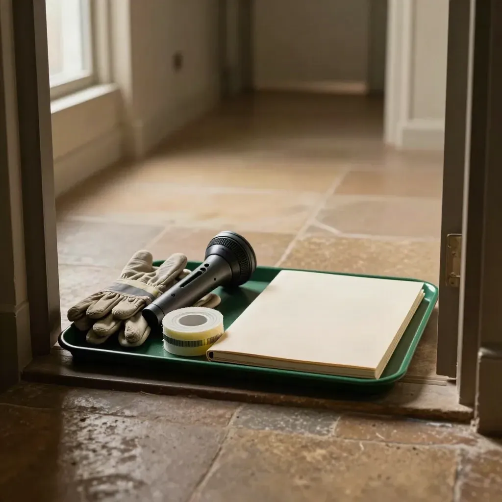 Safety walkthrough kit in a tray at a doorway threshold with torch, gloves, tape and folder.