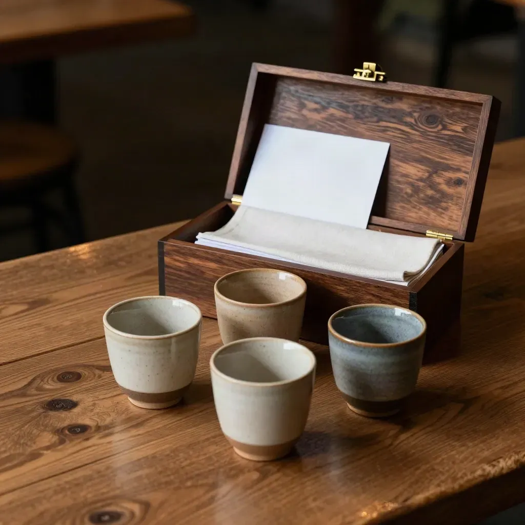 Opened BID Network Meetup host box with cups and agenda cards on a timber bench