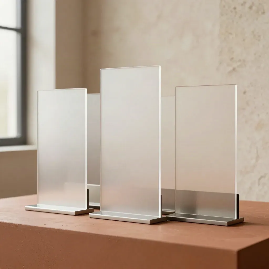 Blank office park signs and visitor panels in a slim sleeve on a terracotta plinth