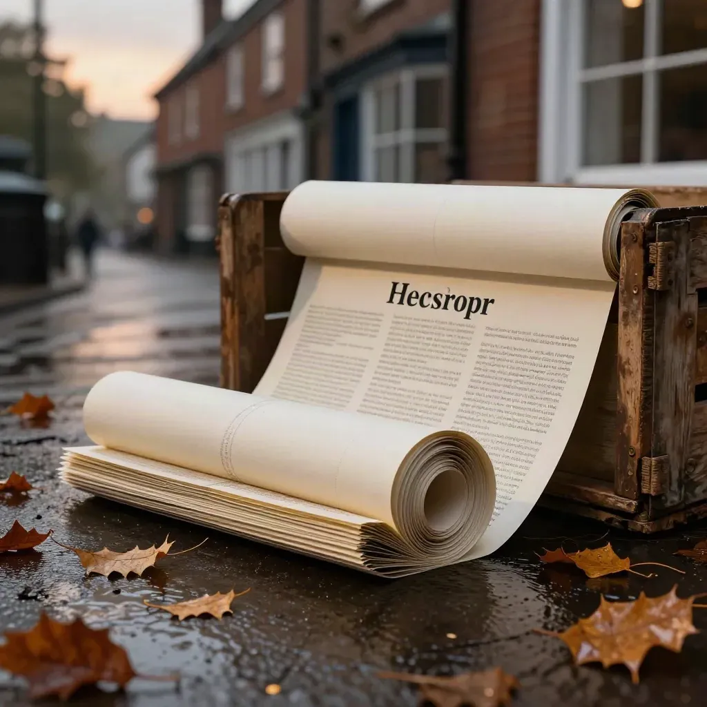 Spilled autumn campaign kit with posters, cards and leaves on wet pavement at dusk.