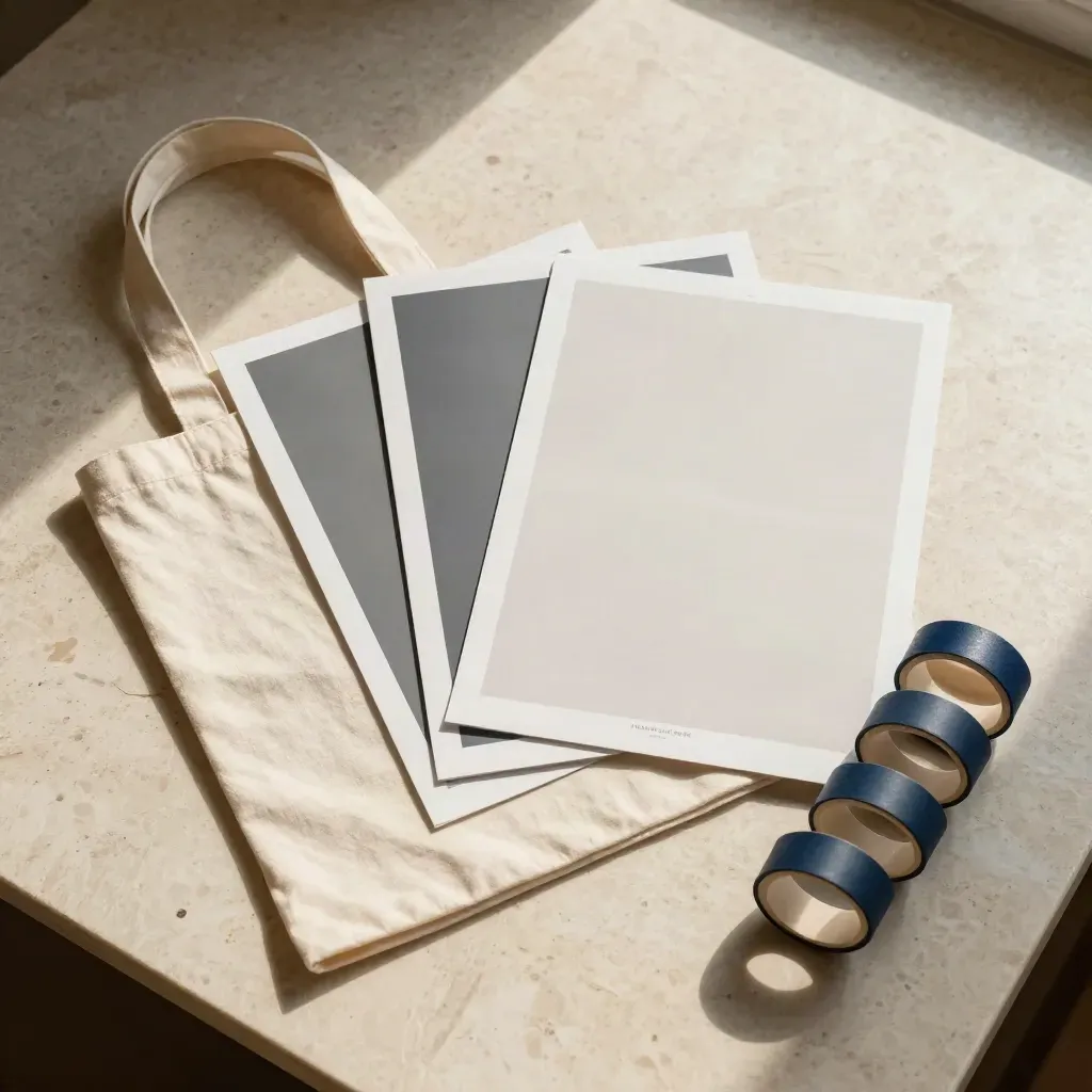 Overhead flatlay of a cream market pack with poster sheets, tote and navy bands on pale linen.