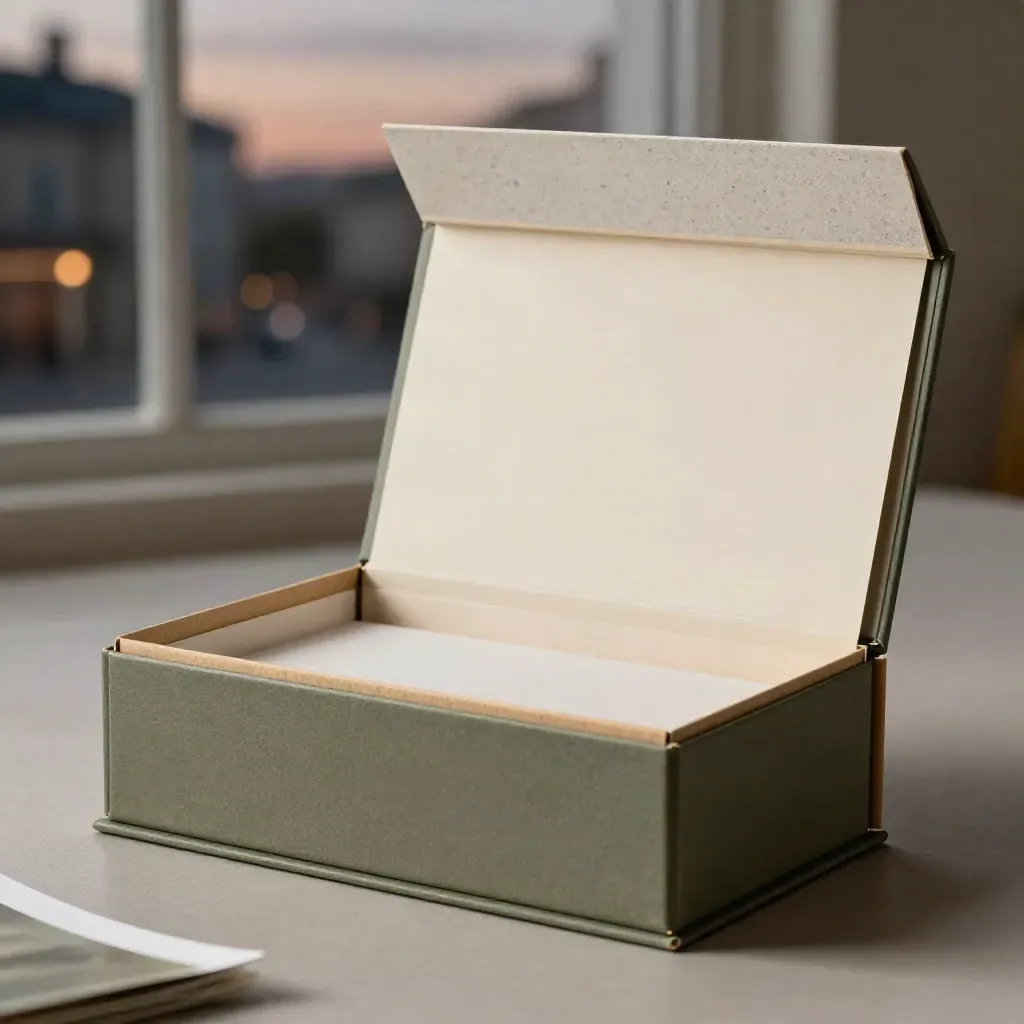 Opened presentation box with rolled sleeves on plaster, lit with soft dusk glow.