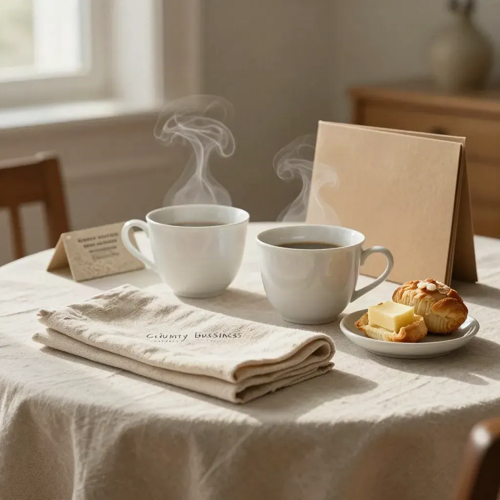 Breakfast host kit with cups, pastries, linen napkin and folder on a linen table