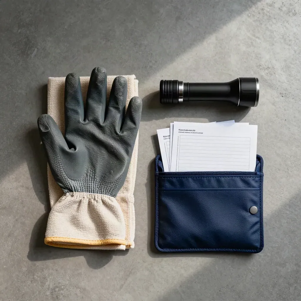 Overhead flatlay of gloves, cloth, torch and blank check sheets on concrete