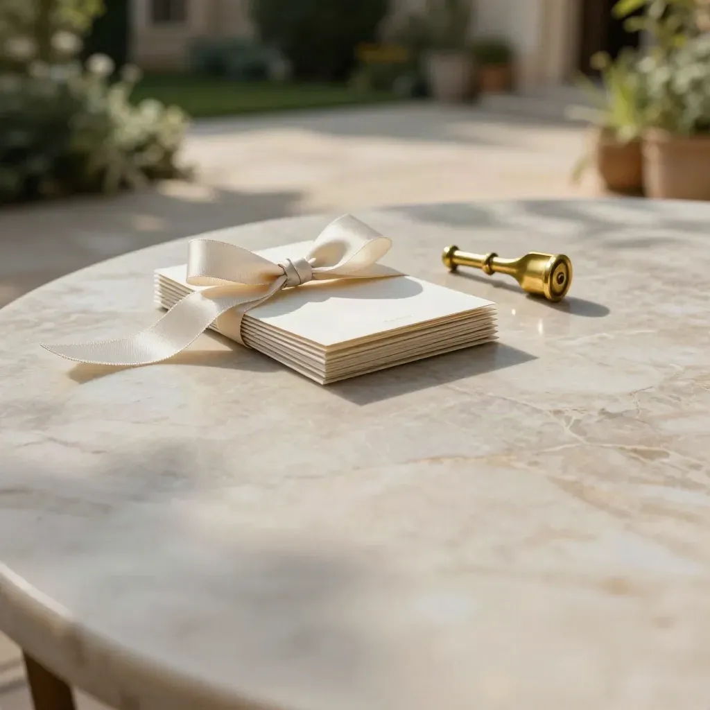 Marble tabletop with cream event stationery, linen ribbon and blurred courtyard garden.